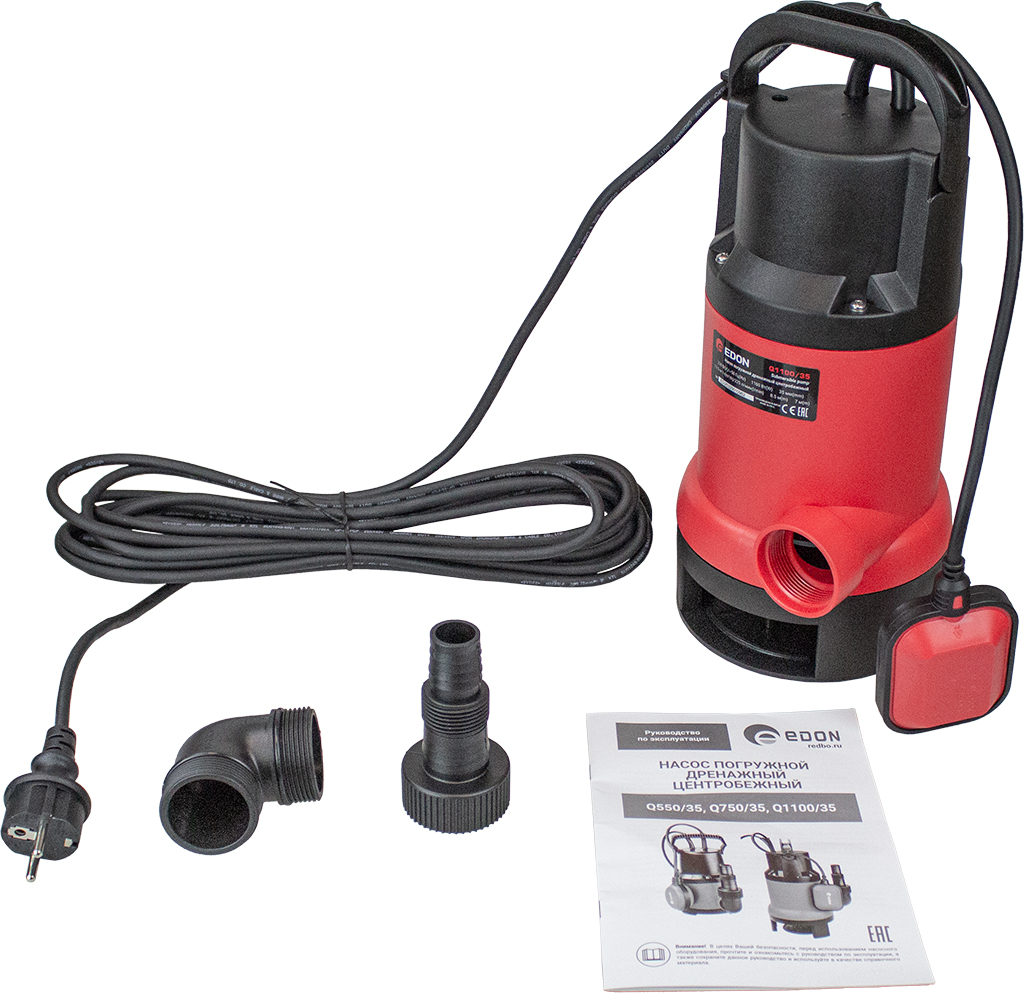 Edon Q1100/35 Насос дренажный погружной центробеж. для гряз. воды (1100Вт,13.5м3/ч, 35мм, пластик) 2