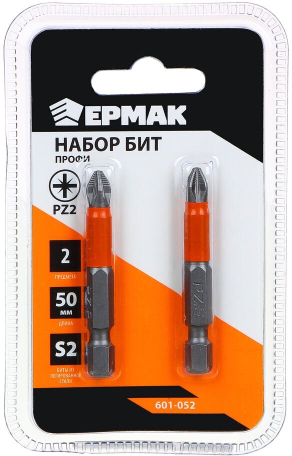 ЕРМАК Биты для шуруповерта PZ2 длина 50 мм, сталь S2, 2 штуки, ПРОФИ СЕРИЯ